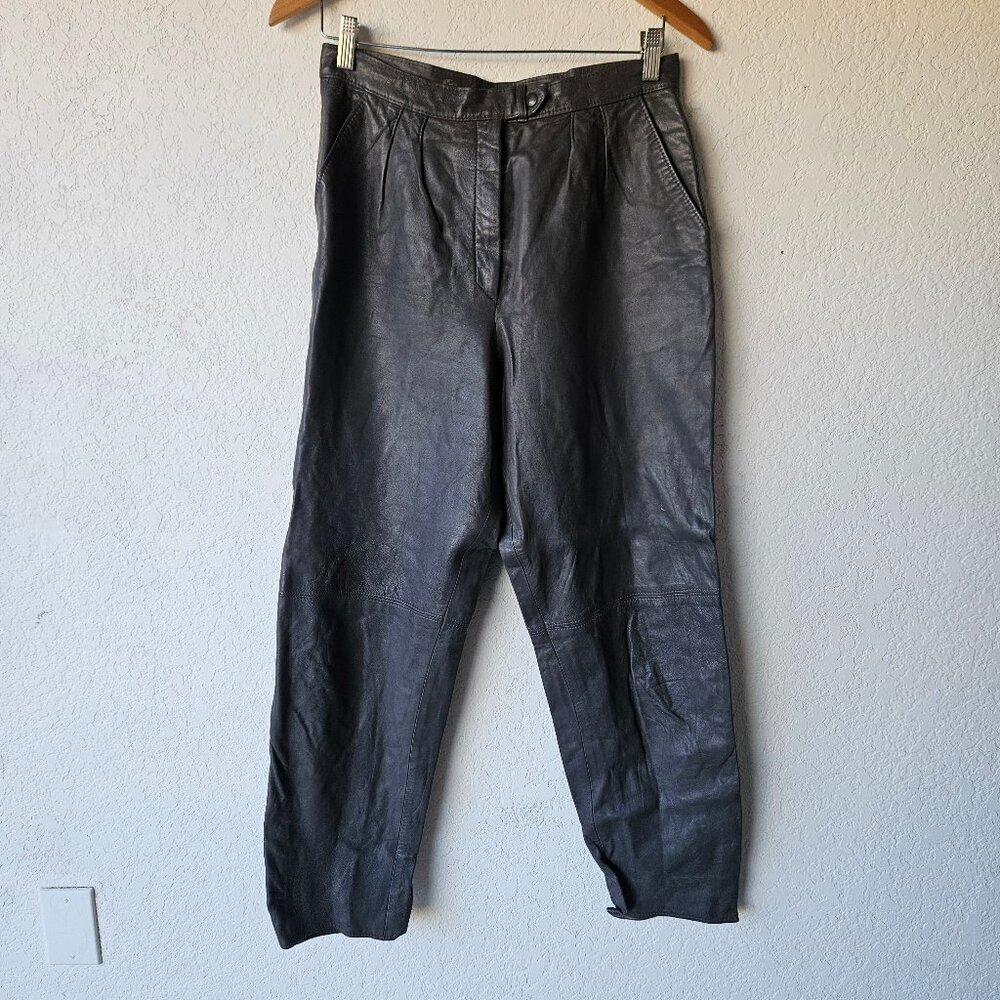 Maquette Ltd Vintage Black Leather Pleated High Waisted Tapered Pants Women 14